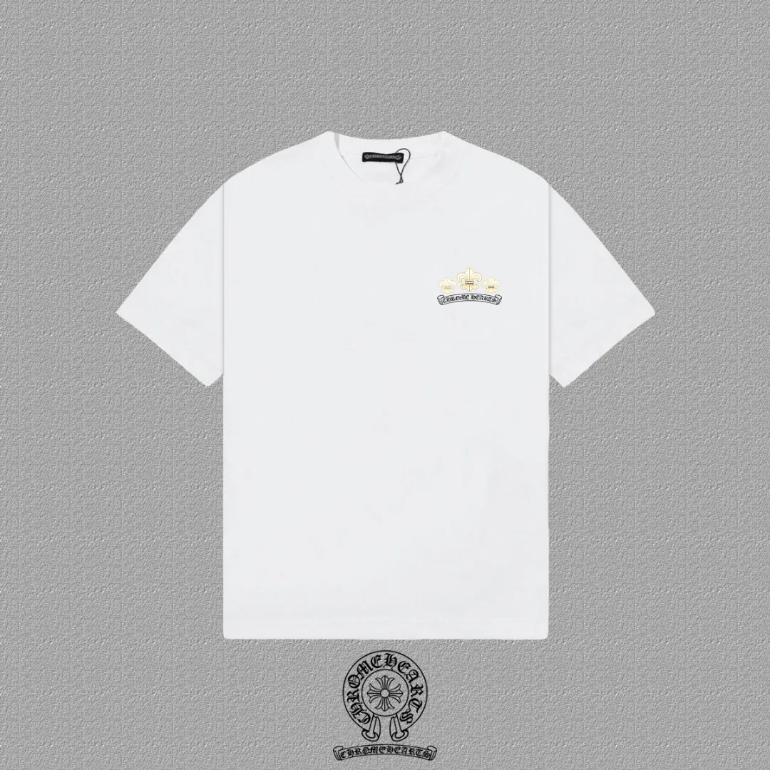 🅿️170 [CH Crow Heart] 2025FW short-sleeved T-shirt, letter LOGO printing, high-end 26s double yarn 300g fabric, heavy fabric, custom stretcher rib, same vat and dye, complete three standards, same style for men and women, color: black, white, size: S M L XL 2XL